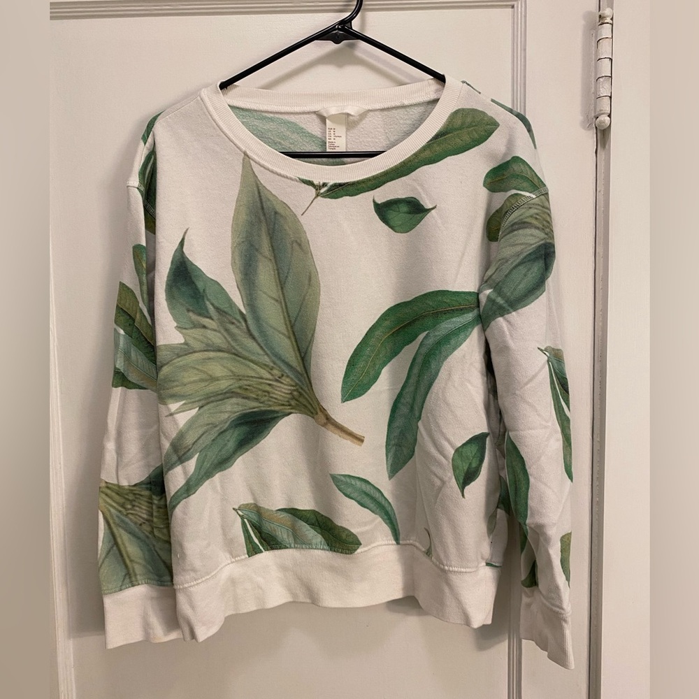 H&M White and Green Leaf Print Crewneck Sweatshirt